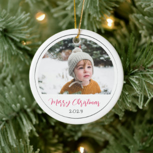 Pink Hand Drawn Stars Round Photo Christmas Ceramic Tree Decoration
