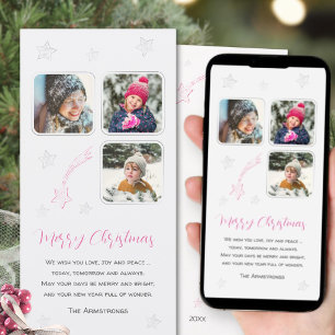 Pink Hand Drawn Stars Winter 3 Photo Christmas Holiday Card