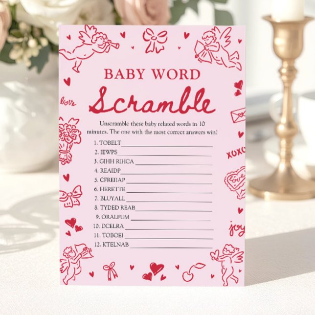 Pink Hand Drawn Valentine Baby Word Scramble Game Invitation (Pink Hand Drawn Valentine Baby Word Scramble Game)
