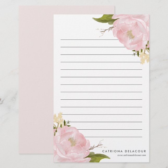 Pink Hand Drawn Watercolor Peonies Personalised Stationery (Front/Back)