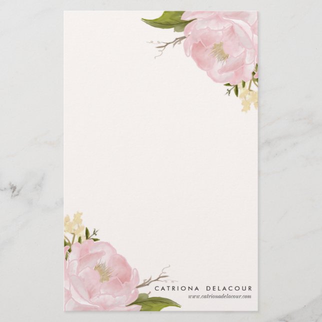 Pink Hand Drawn Watercolor Peonies Stationery (Front)