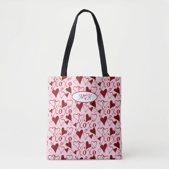 Pink Hand-Illustrated Coquette XO Valentine's Day Tote Bag (Front)