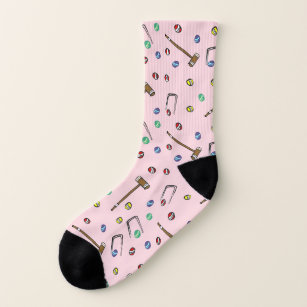 Pink Hand-Illustrated Whimsical Croquet Pattern Socks