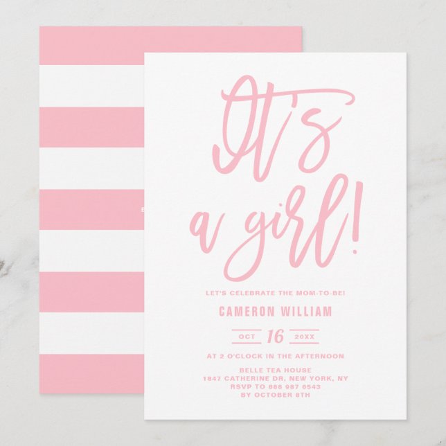Pink Hand Lettered It's a Girl Baby Shower Invitation (Front/Back)