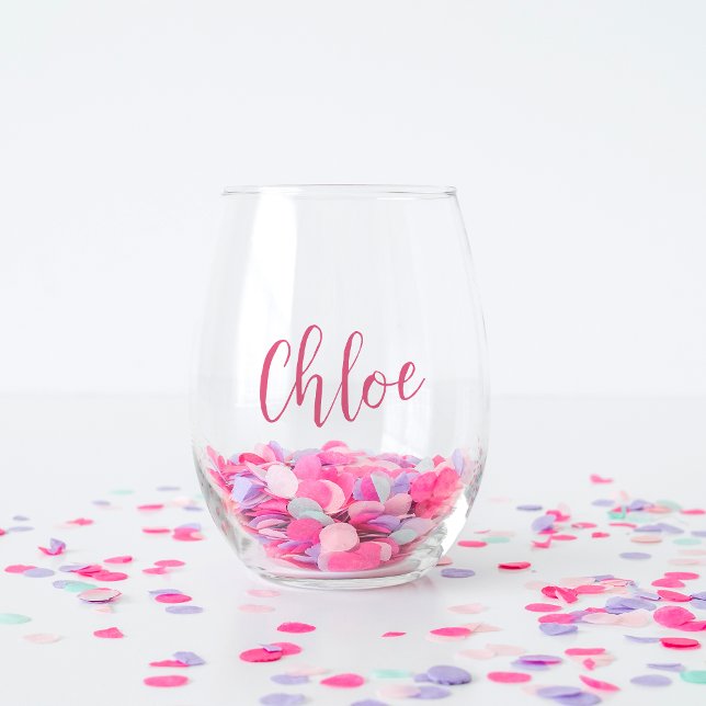 Pink Hand Scripted Name Bachelorette Bridal Party Stemless Wine Glass (Creator Uploaded)