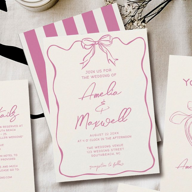 Pink Handdrawn Coquette Trendy Romantic Wedding Invitation (Creator Uploaded)