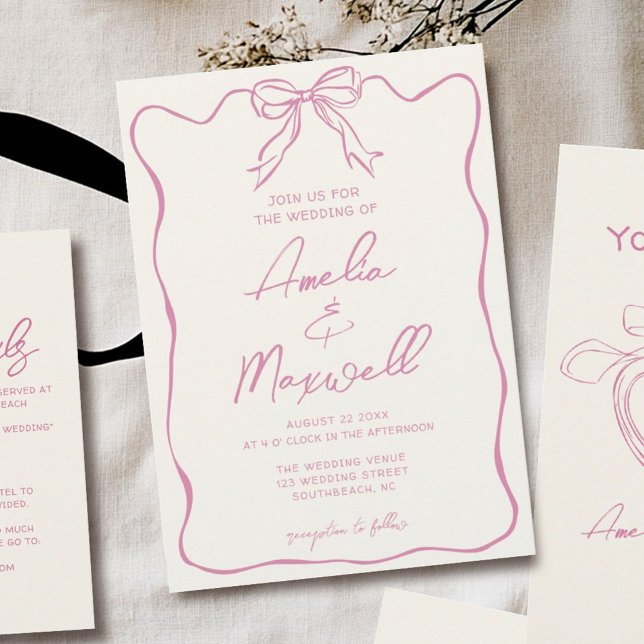Pink Handdrawn Coquette Trendy Romantic Wedding Invitation (Creator Uploaded)