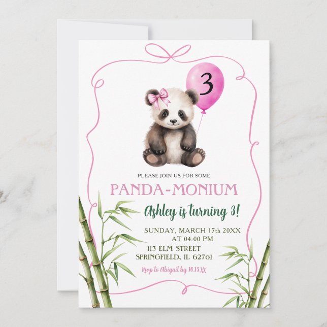 Pink Handdrawn Girl Panda with Bow Birthday Invitation (Front)