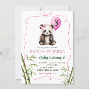 Pink Handdrawn Girl Panda with Bow Birthday Invitation