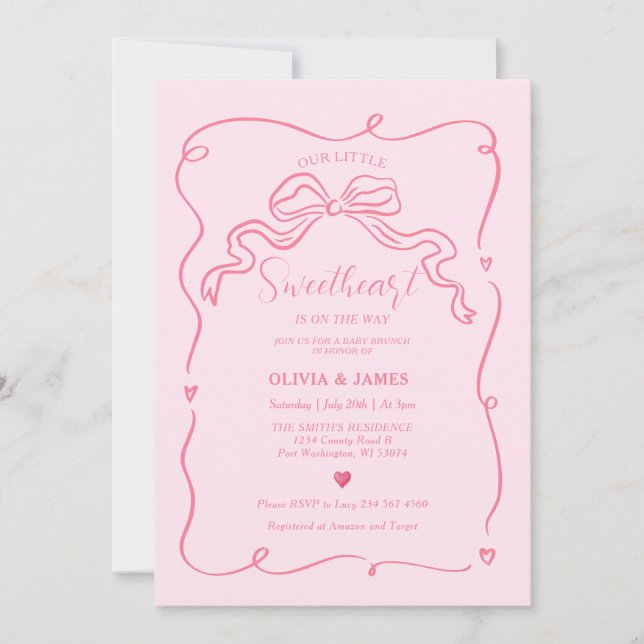 Pink Handdrawn Little Sweetheart On The Way Invitation (Front)