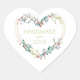 Pink Handmade with Love Quote Floral Heart Heart Sticker