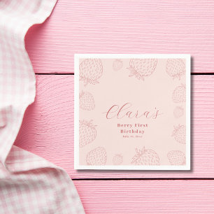 Pink Handraw Minimalist Strawberry Birthday Napkin