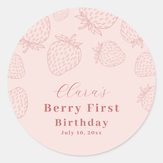 Pink Handrawing Strawberry First Birthday Classic Round Sticker (Front)