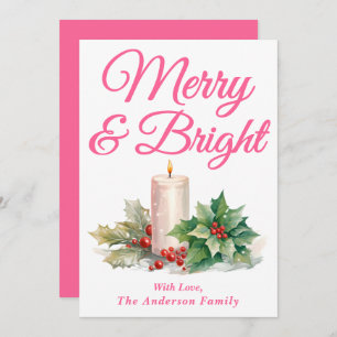 Pink Handwritten Script Merry & Bright Holiday Card