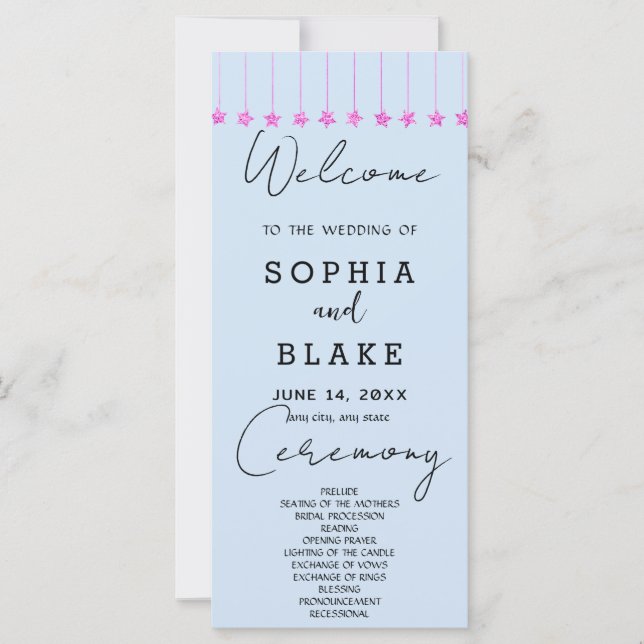Pink Hanging Stars Light Blue Wedding Program (Front)