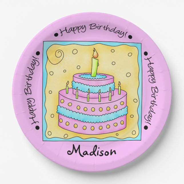 Pink Happy 1st Birthday Cake Name Personalised Paper Plate (Front)