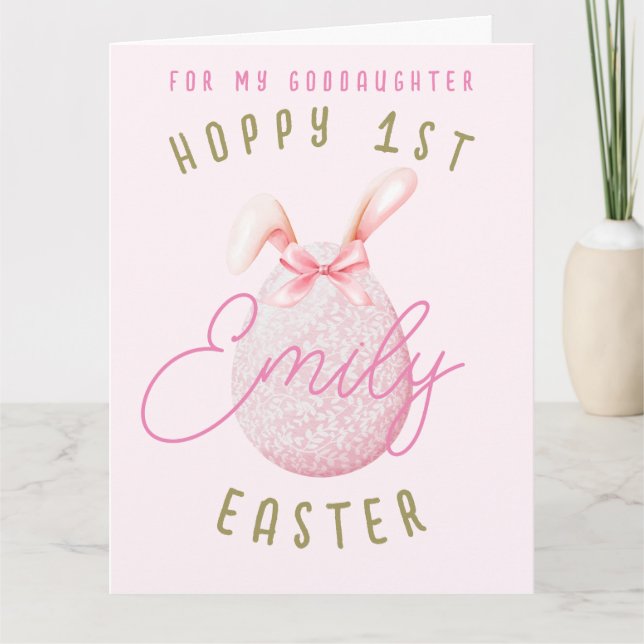 Pink Happy 1st Easter Egg Goddaughter Name Card (Front)