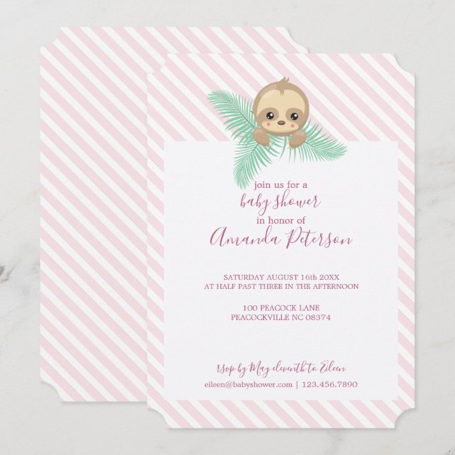 Pink Happy Baby Sloth Baby Shower Invitation (Front/Back)