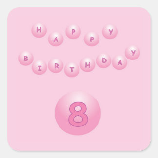 Pink Happy Birthday Balls Age 8 Square Sticker