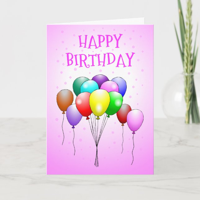Pink Happy Birthday Card with Colourful Balloons (Front)