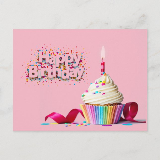 Pink Happy Birthday Cupcake Postcard (Front)