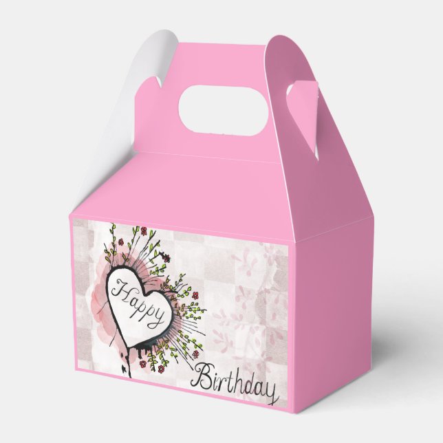 Pink Happy Birthday Favour Box Floral Heart Design (Front Side)