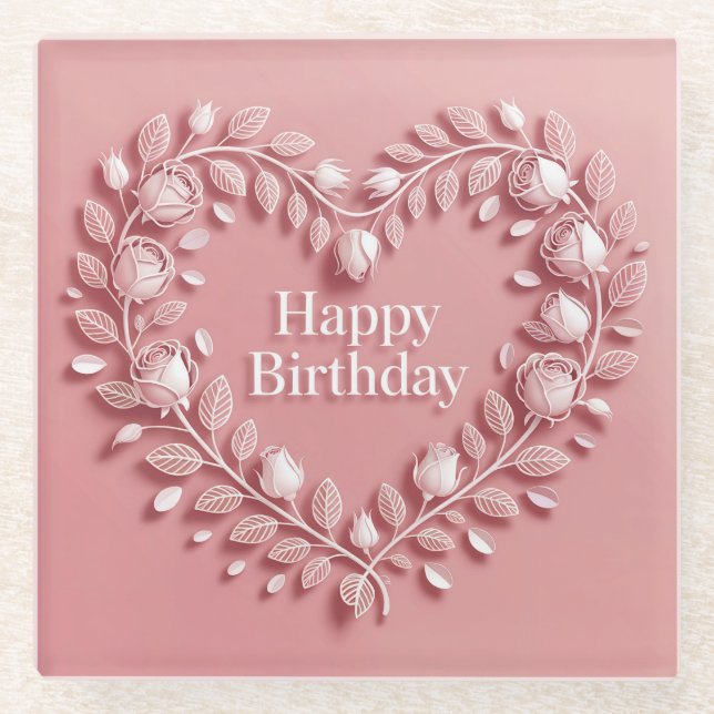 Pink Happy Birthday Flowers Heart Glass Coaster (Front)