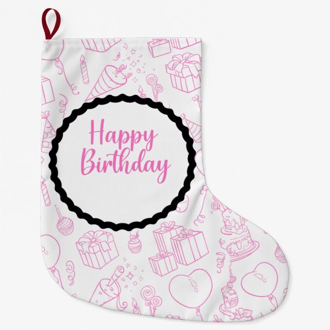 Pink Happy Birthday Gift – Cute Party Icon Large Christmas Stocking (Front)