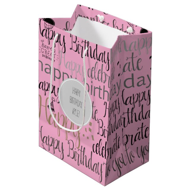 Pink Happy Birthday   Medium Gift Bag (Front Angled)