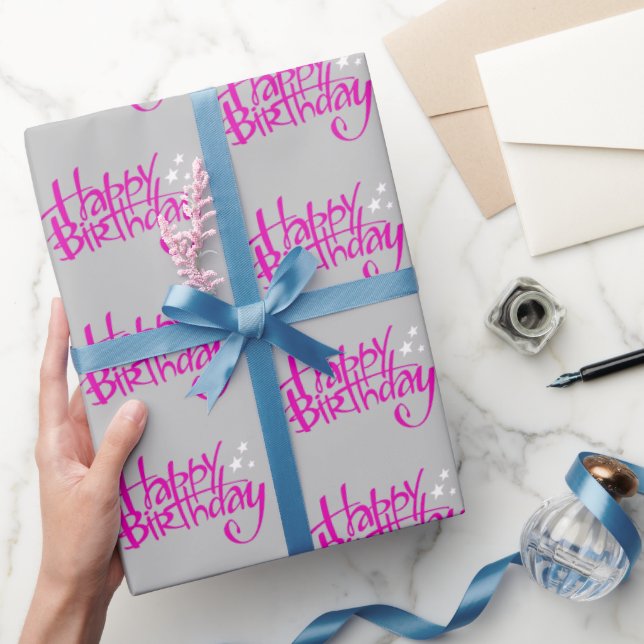 Pink Happy Birthday on Grey  Wrapping Paper (Gifting)