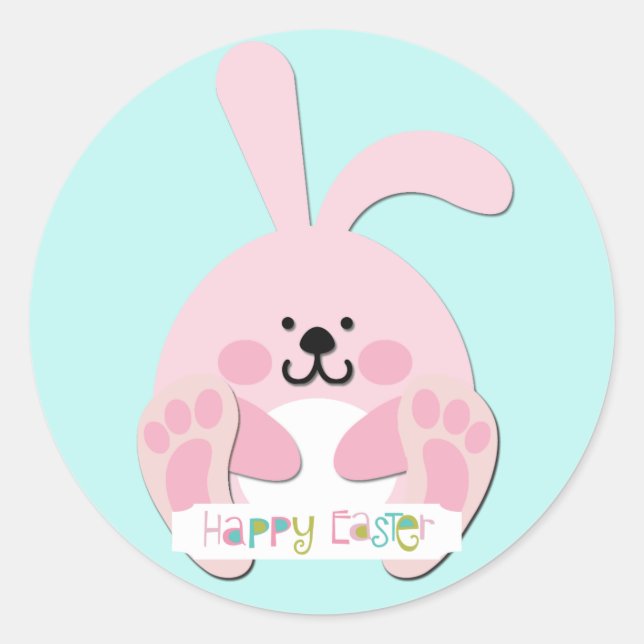 Pink Happy Easter Bunny Classic Round Sticker (Front)