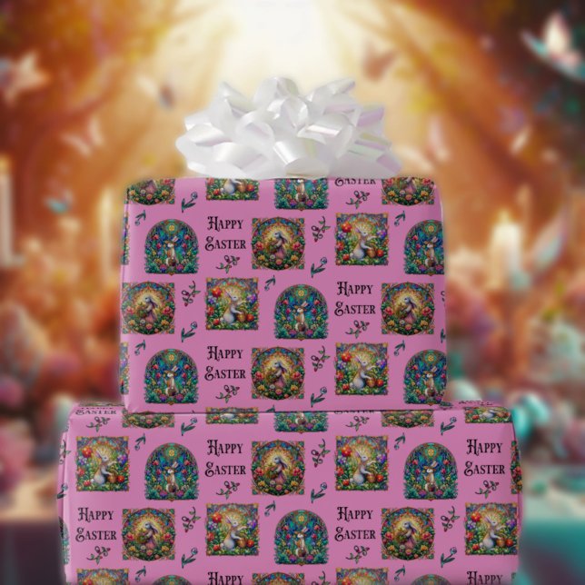 Pink Happy Easter Bunny Elegant Stained Glass Wrapping Paper (Creator Uploaded)