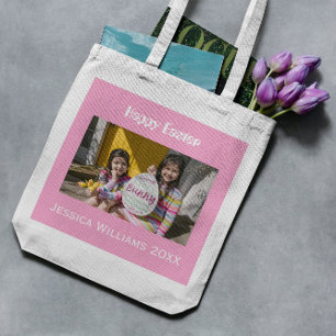 Pink Happy Easter Custom Name Photo Cute Egg Hunt  Tote Bag