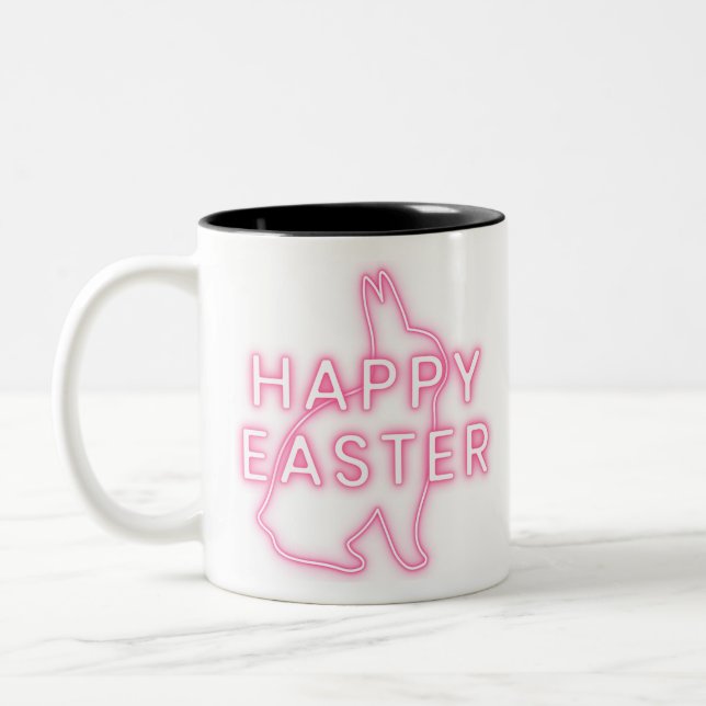 Pink happy Easter sign with bunny neon light trans Two-Tone Coffee Mug (Left)