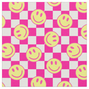 pink happy face check groovy fabric