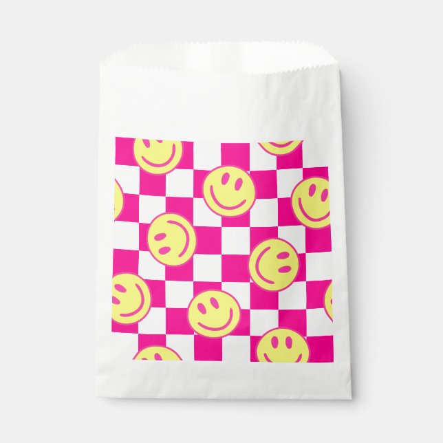 pink happy face check groovy favour bags (Front)