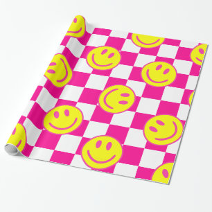 pink happy face check groovy wrapping paper