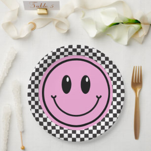 Pink Happy Face Checker Kids Birthday Paper Plate