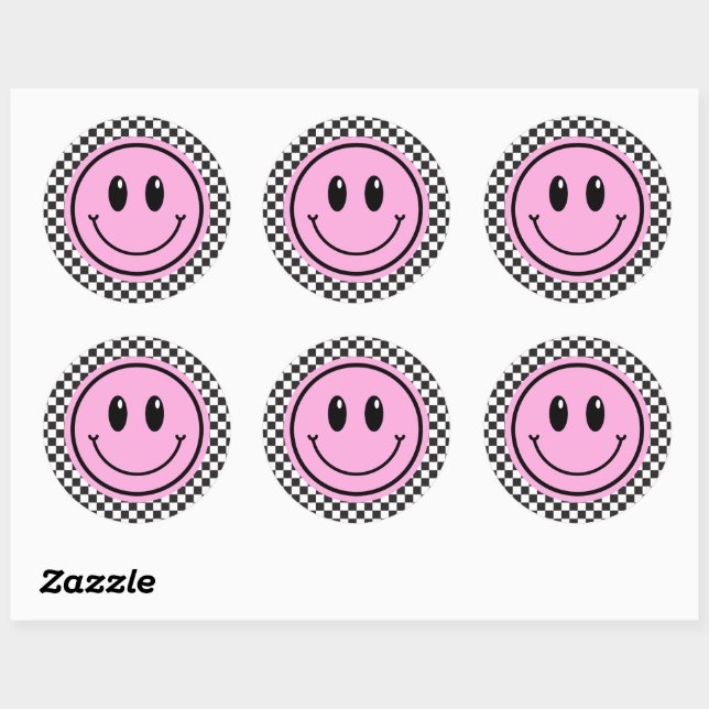 Pink Happy Face Chequered Kids Birthday Classic Round Sticker (Sheet)