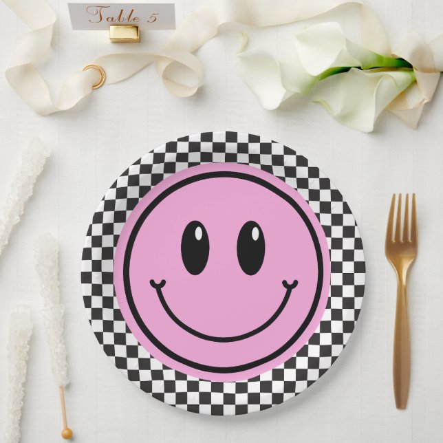 Pink Happy Face Chequered Kids Birthday Paper Plate (Wedding)