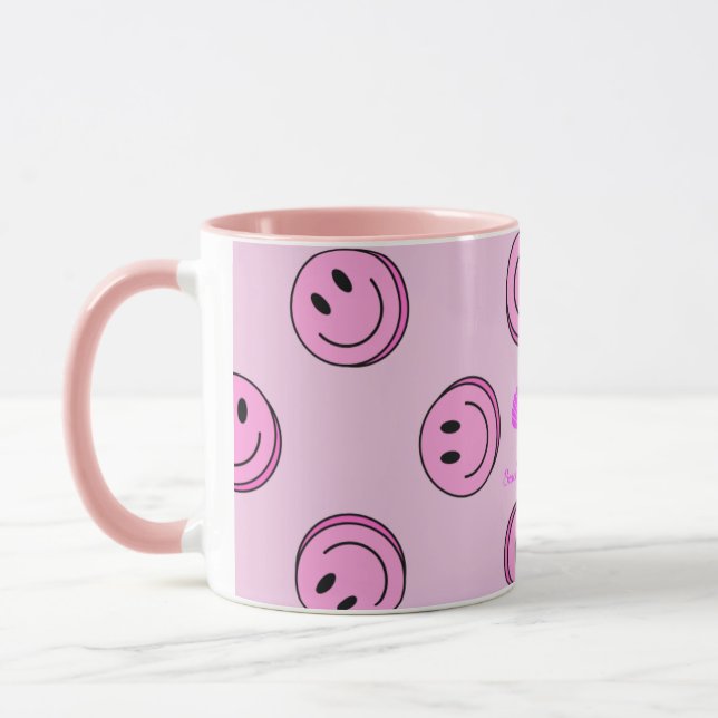 Pink happy face mug with pink handle (Left)
