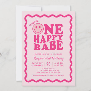 Pink Happy Face One Happy Babe Girl 1st Birthday Invitation