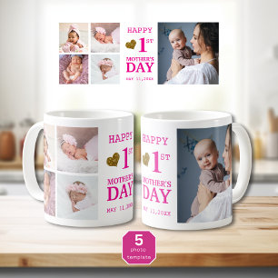 Pink Happy First Mother's Day  5 Photo Collage    Coffee Mug
