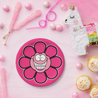 Pink Happy Flower Screwball Graphics Paper Plate
