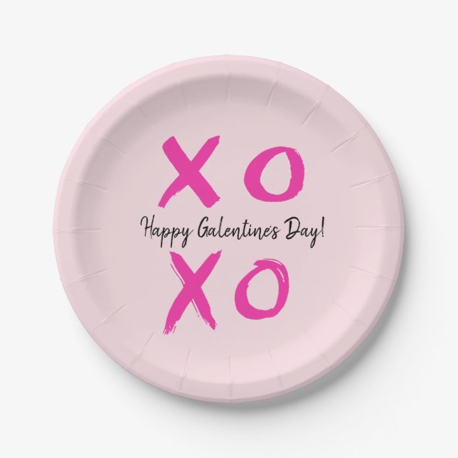 Pink Happy Galentine's Day XOXO Paper Plate (Front)