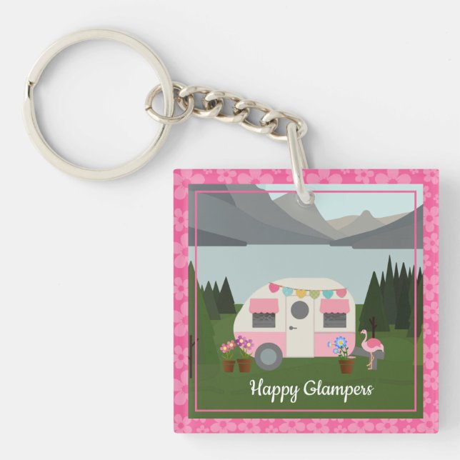 Pink Happy Glamper Campers Acrylic Keychain (Front)