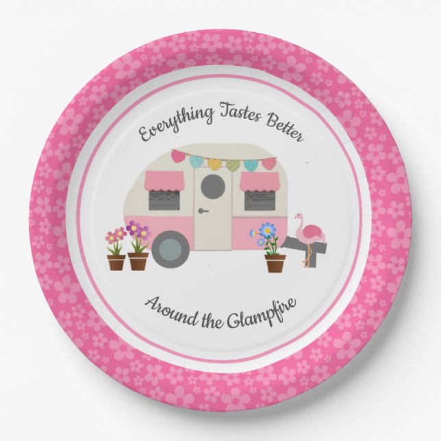 Pink Happy Glamper Party Paper Plate (Front)