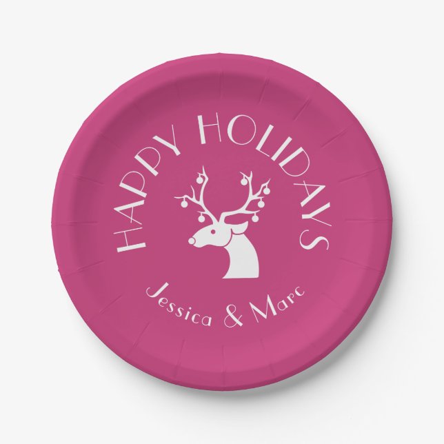 Pink HAPPY HOLIDAYS Christmas Reindeer Name Paper Plate (Front)