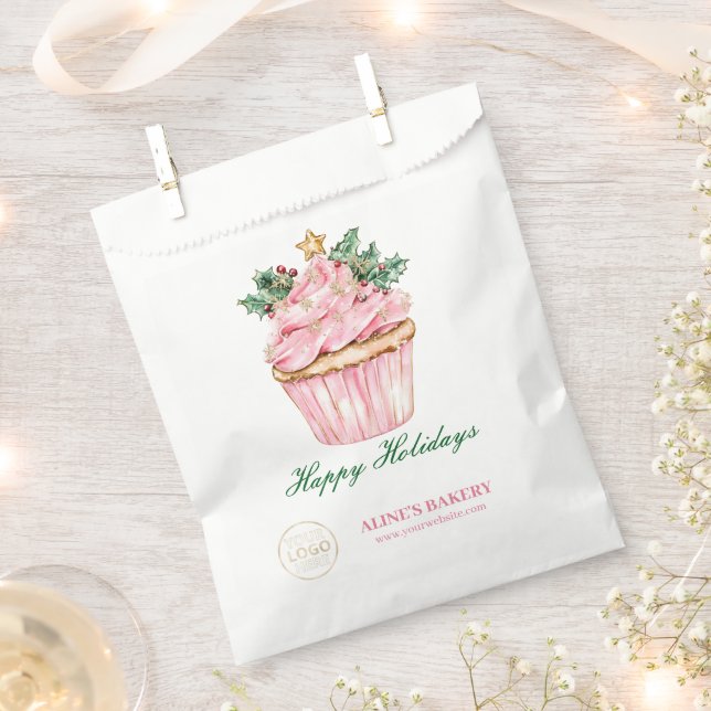 Pink Happy Holidays Custom Bakery Business Logo Favour Bags (Clipped)
