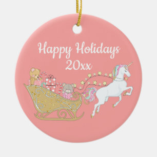 Pink Happy Holidays Unicorn Santa's Sleigh Ceramic Tree Decoration